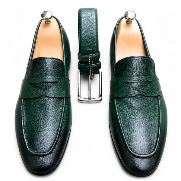 Dark Green Premium Leather Loafers with Matching Belt – Elegant Formal Shoe Set