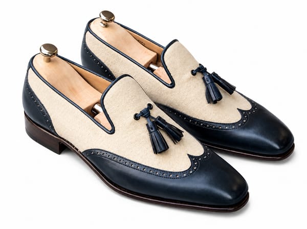 Men's Luxury Two-Tone Tassel Loafers - Canvas and Navy Blue Leather Wingtip Dress Shoes