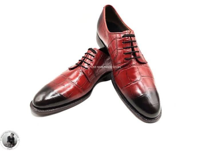 Luxury Genuine Leather Crocodile Embossed Oxford Shoes – Handmade Red & Black Cap Toe Formal Shoes for Men