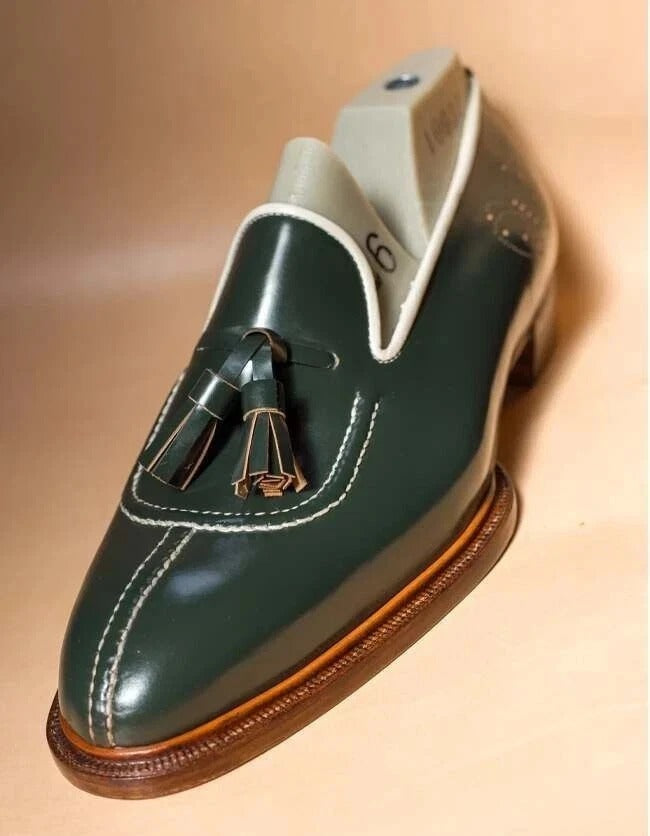 Premium Genuine Leather Tassel Loafers – Handmade Dark Green Slip-On Formal Shoes for Men