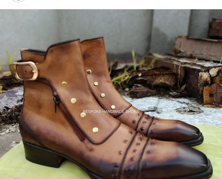 Luxury Handmade Genuine Leather Ankle Boots – Patina Brown Cap Toe Dress Boots for Men