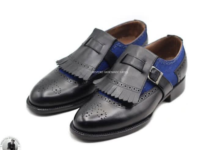 Premium Handmade Genuine Leather Monk Strap Dress Shoes – Black & Blue Brogue Formal Shoes for Men