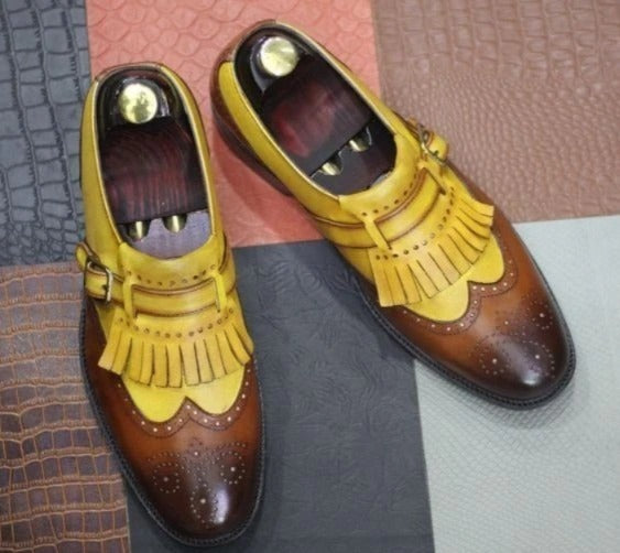 Luxury Handmade Genuine Leather Monk Strap Brogue Dress Shoes – Brown & Mustard Yellow Formal Shoes for Men