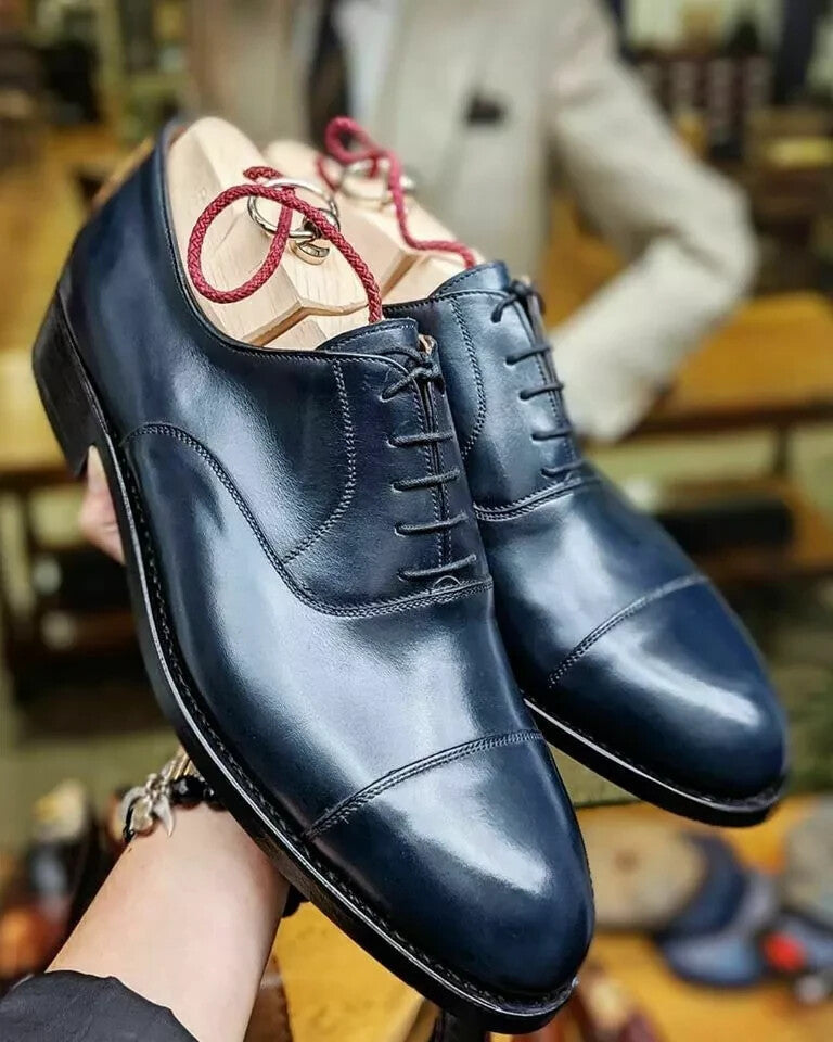 Classic Genuine Leather Cap Toe Oxford Dress Shoes – Handmade Formal Shoes for Men | Navy Blue