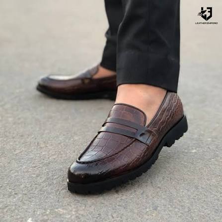 Premium Brown Crocodile-Embossed Leather Penny Loafers for Men