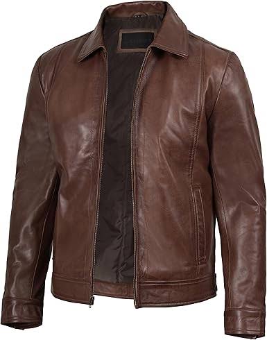 Men's Premium Brown Genuine Leather Jacket - Classic Shirt Collar Slim Fit Casual Winter Jacket