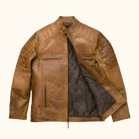 Men's Vintage Distressed Tan Leather Jacket - Classic Cafe Racer Moto Jacket with Quilted Linings