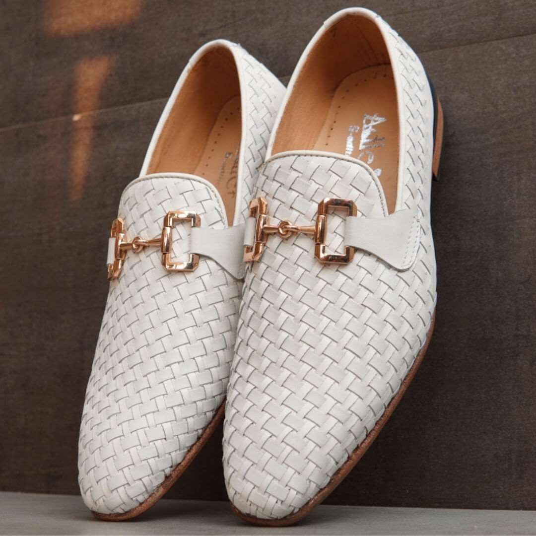 Luxury White Woven Leather Horsebit Loafers for Men