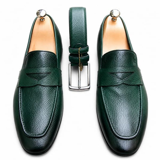 Dark Green Premium Leather Loafers with Matching Belt – Elegant Formal Shoe Set