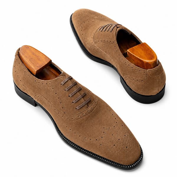 Men's Tan Suede Oxford Brogue Shoes – Premium Formal Lace-Up Dress Shoes